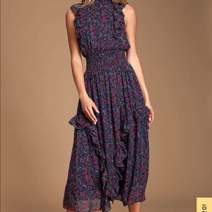 Lulu’s Evalina Dress Navy Blue Floral. Size Small